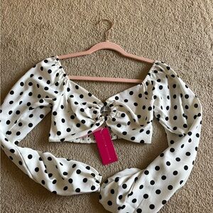 Beginning Boutique White Polka Dot Puff Sleeve Crop Top